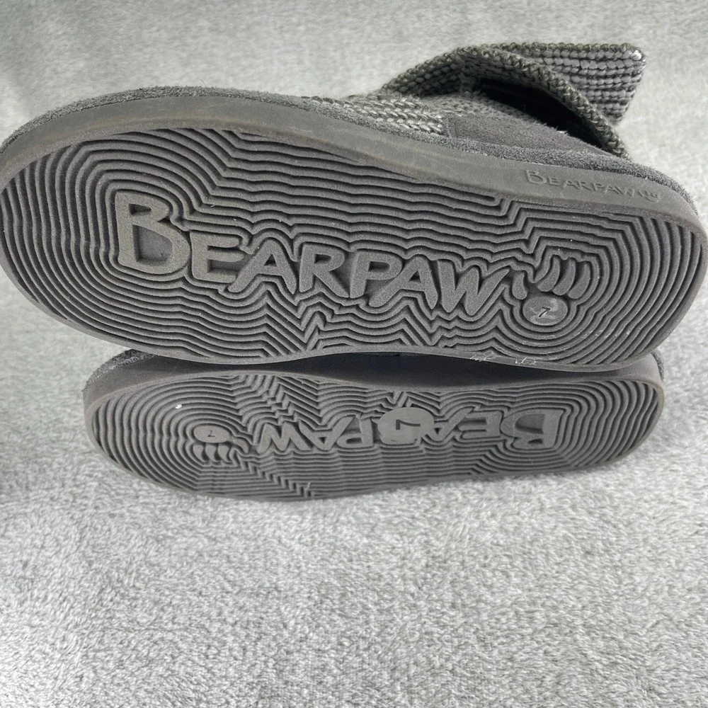 Bearpaw Boots Women 7 Gray Knit Tall Toggle Button Suede Trim Sparkle